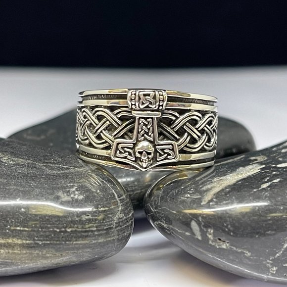 Mens Viking Thor Hammer Wide Ring - Picture 1 of 3